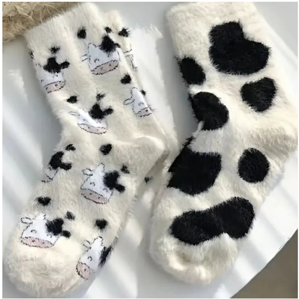 2/3/10 Pairs Women's Plush Mid Length Socks Dairy Cattle Thickening Mink Wool Sweet Soft Warm Stay At Home Women's Floor Socks