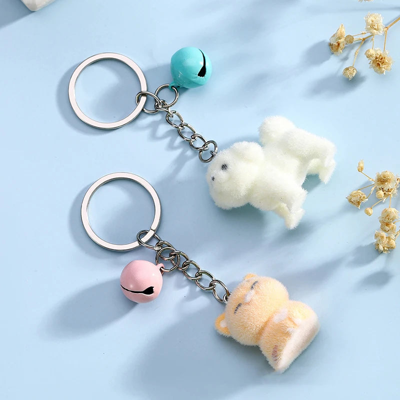 3D Flocking Polar Bear Keychain Cartoon Plush Animal Keyring Bag Pendant Car Key Holder Earphone Charm DIY Jewelry Accessor