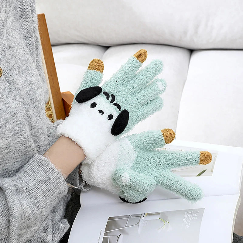 Sanrio Gloves Plush Kuromi Cold-Proof Gloves My Melody Cinnamoroll Five-Finger Gloves Touch Screen Pochacco Child Christmas Gift