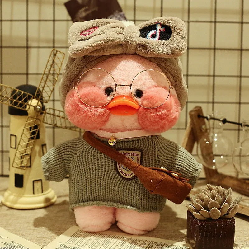 30cm Cute Cafe Pink Duck Stuffed Plush Animals Toy Wear Glasses And Hoodie Soft Doll Girl Birthday Creative Gift For Girls