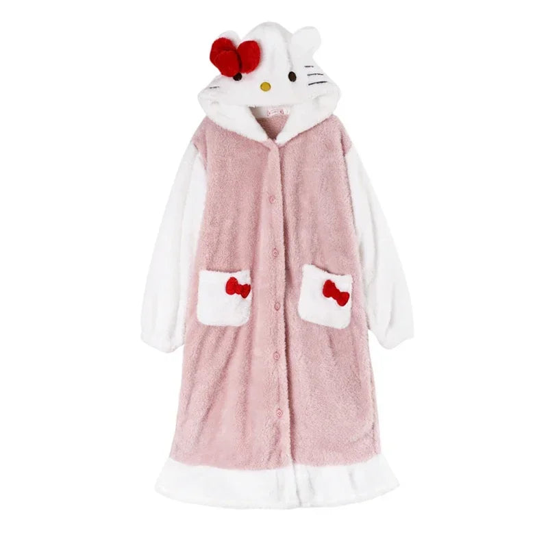 2024 New Hello Kitty Kawaii Sanrio Cute Bow Furry Pajamas Autumn And Winter Sweet Girl Long Pajama Anime Plush Couple Loungewear