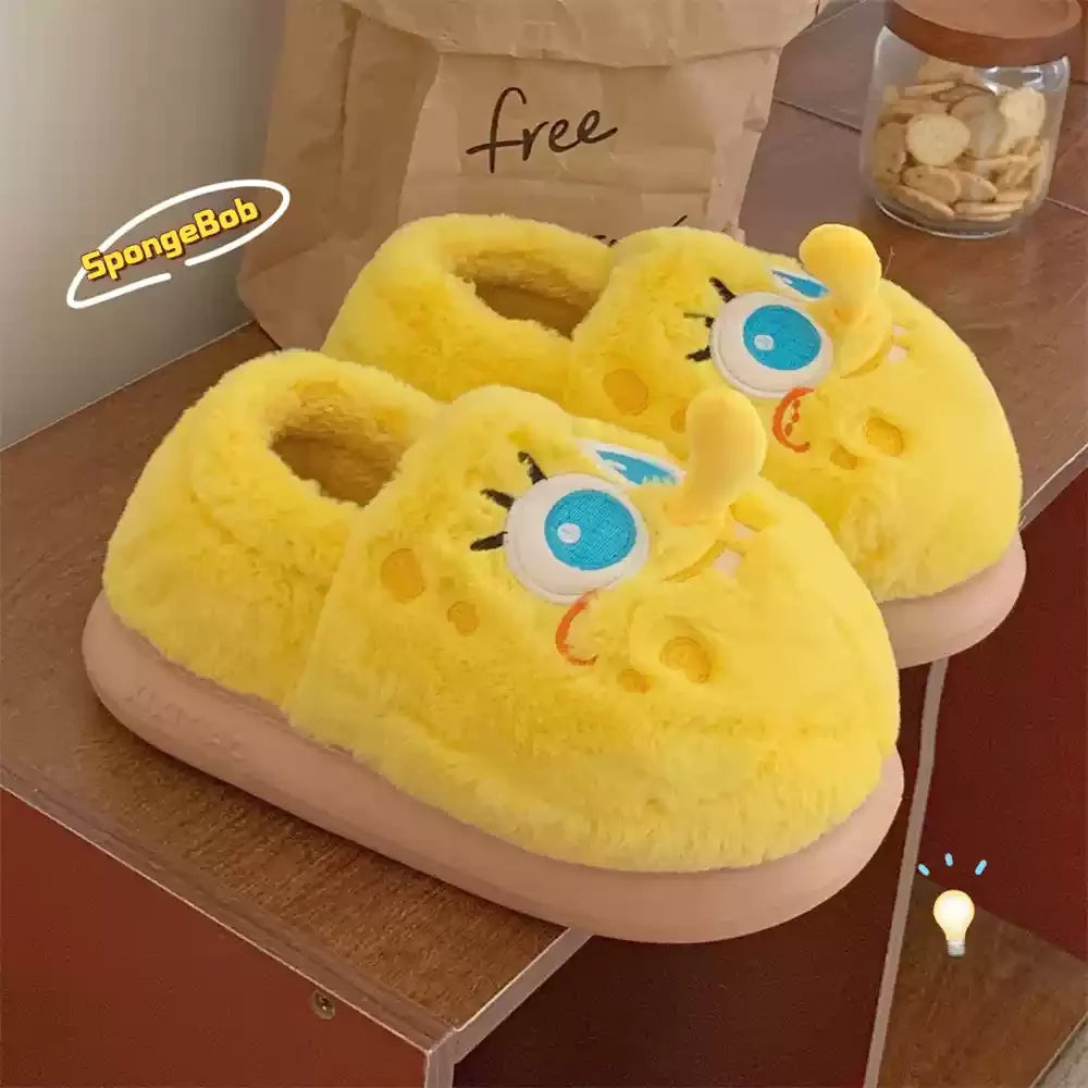 New Cartoon Anime Couples Spongebob Kawaii Slippers Plush Keep Warm Home Winter Soft Bottom Cute Shoes Men Women Lovers Shoes