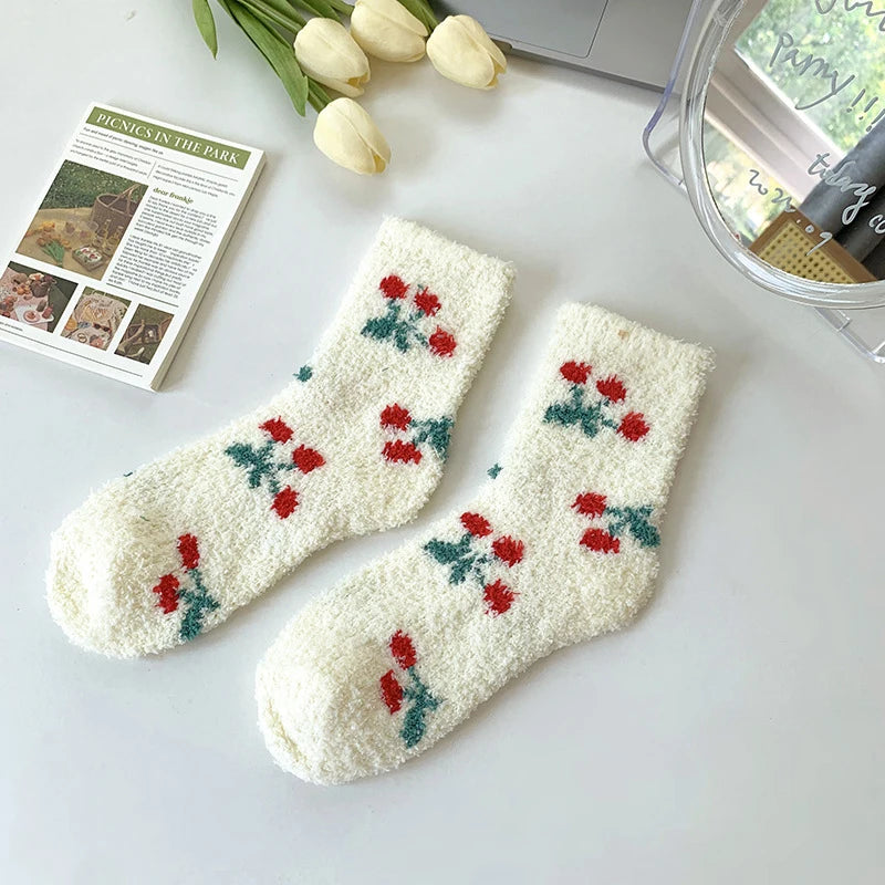 Japanese Kawaii Cute Socks Autumn Winter Thicken Warm Soft Plush Women Socks Coral Fleece Thermal Homewear Floor Sleeping Socks