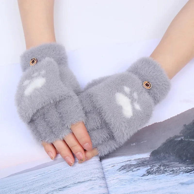 Women Plush Warm Glove Fur Lovely Rabbit Cat Mittens Flip Fingerless Gloves Soft Girls Thick Gloves Flexible Half Finger Winter