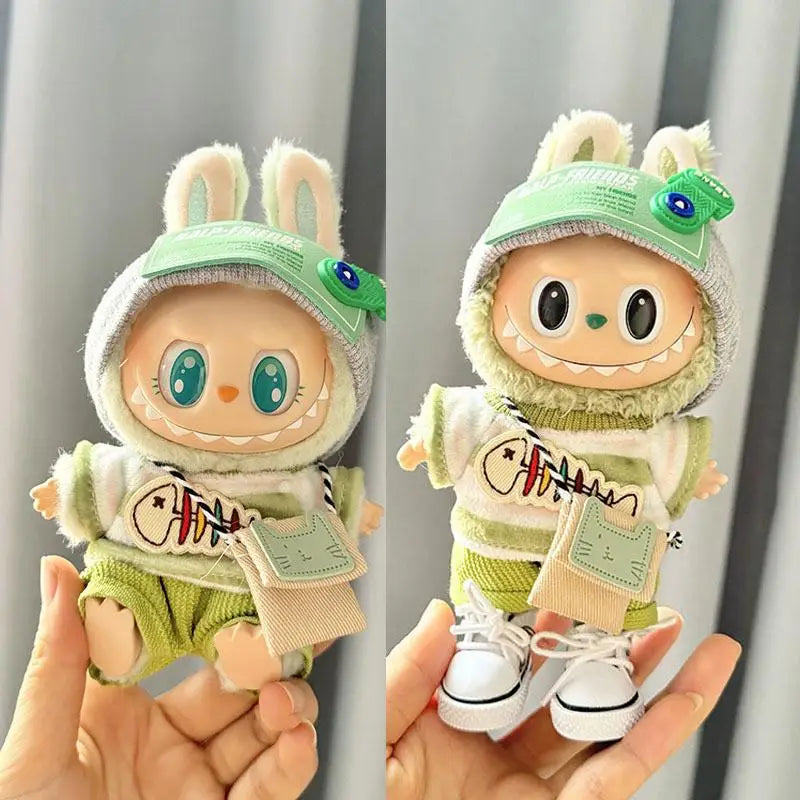 For 17cm Labubu clothes outfit V1 V2 baby green big fish satchel set cute Dolls Accessories Cute Decoration