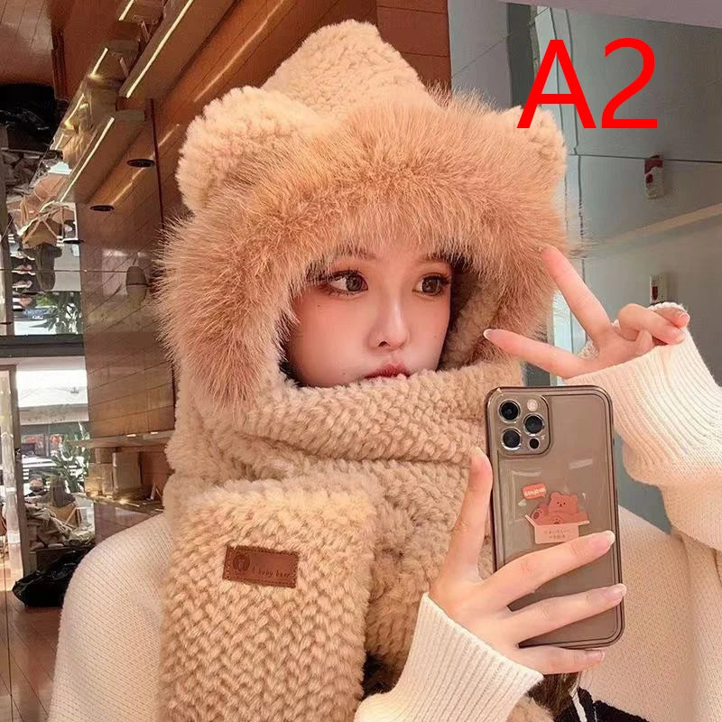 Winter Women Novelty Beanies Caps Warm Bear Ear Hat Casual Plush Hat Scarf Set Casual Solid Color Women Caps Present