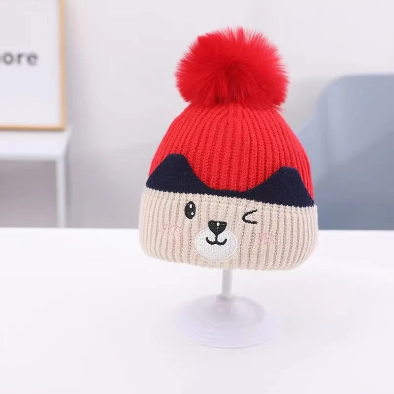 Soft Fluffy Baby Pompom Pullover Hat Cartoon Type Warm Baby Knitted Cap Plush Fluffy Windproof Winter Baby Earmuffs