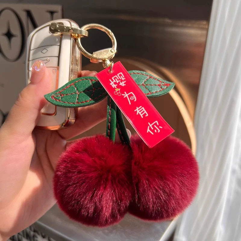 Cute Cherry Plush Bag Charm Keychain New Kawaii Rabbit Fluffy Ball Pom Pom Leaf Keychain Women's Bag Charm Backpack Accessories