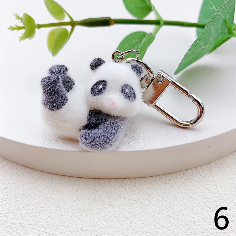 3D Flocking Panda Keychain Cartoon Plush Animal Keyring Bag Pendant Car Key Holder Earphone Charm DIY Jewelry Ornament Accessor