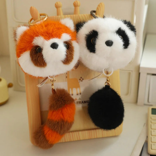 New Cute Cartoon Red Fox/Panda Plush Stuffed Toy Pendant Little Raccoon Soft Animal Doll Keychain Bag Decor Doll Girl Gift ﻿