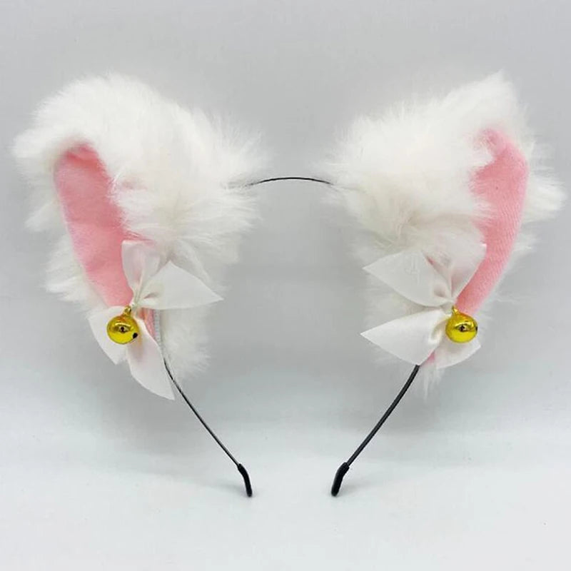 Sexy Cat Ears Headband for Women Girls Lace Bow Necklace Plush Bell Hairband Cosplay Masquerade-Party Costume Hair Accessories