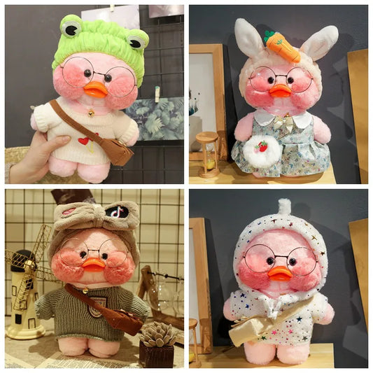 30cm Cute Cafe Pink Duck Stuffed Plush Animals Toy Wear Glasses And Hoodie Soft Doll Girl Birthday Creative Gift For Girls