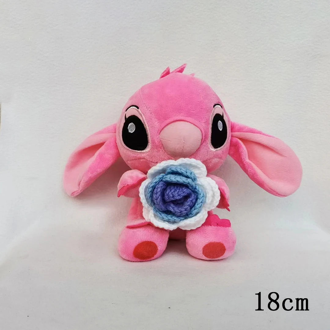 Disney Stitch Stuffed Plush Dolls Hand Woven Sunflower Rose Cartoon Stuffed Anime Blue Pink Plush Toys Christmas Birthday Gift