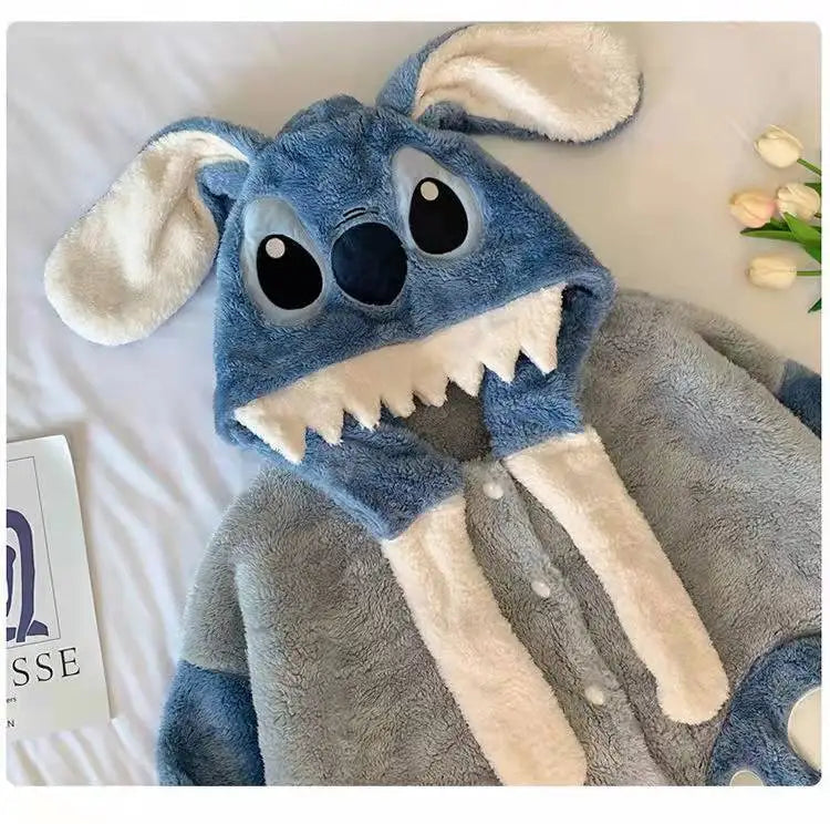 New Disney Cartoon Stitch Nightgown Suit Couple Design Luxury Plush Robes Hooded Pants Women Men Coral Fleece Pajamas Birthday