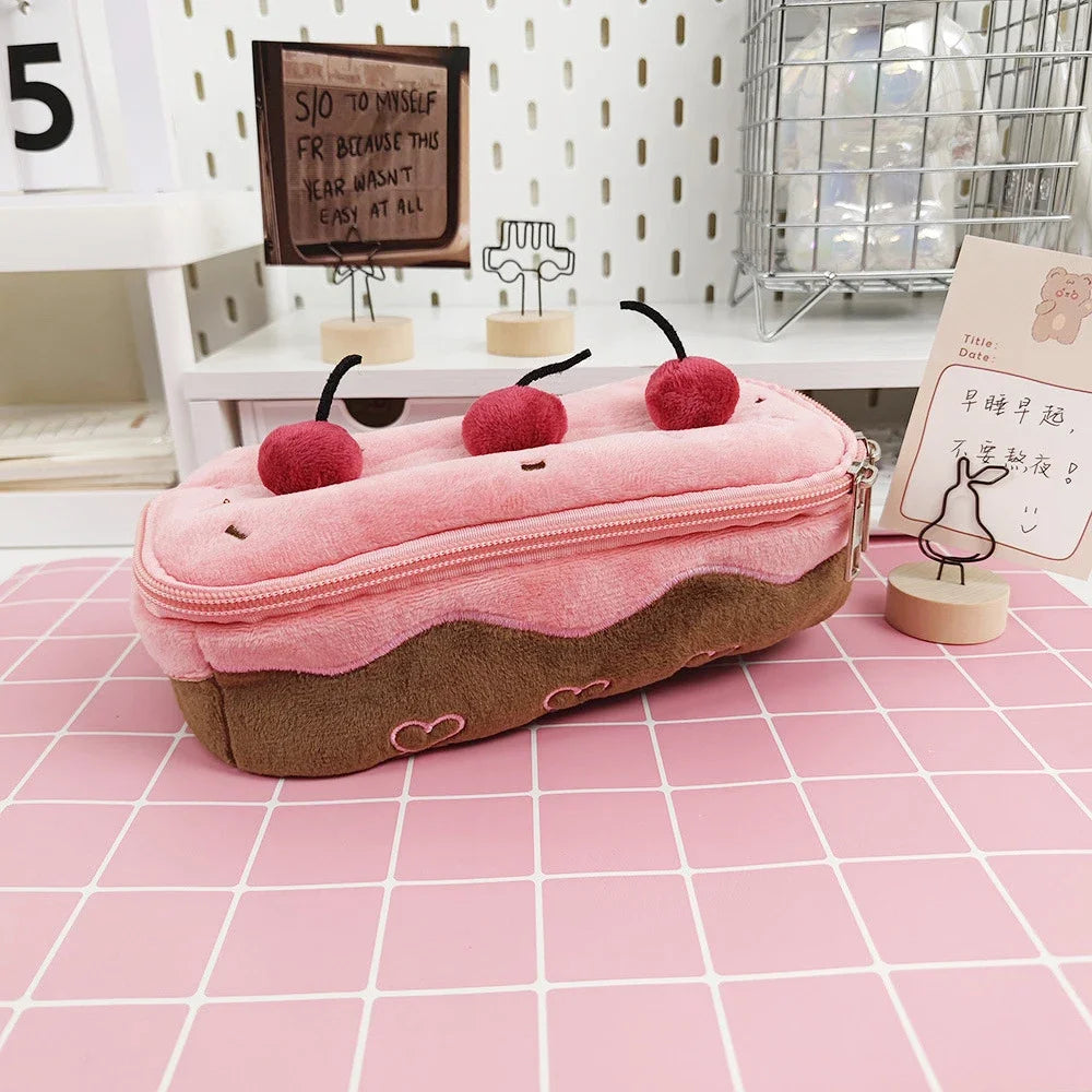 Cute Pencil Bag Plush Cherry Cake Pencil Case Large Capacity Kawaii Pencil Pouch for Girls Kids Back to School Acsesories Gift