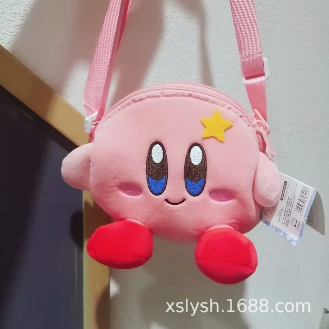 Kawaii Kirby Plush Toy Hand Bag Cartoon Star Kirby Messenger Bag Double Pull Crossbody Bag Plush Toy for Girls Birthday Gifts