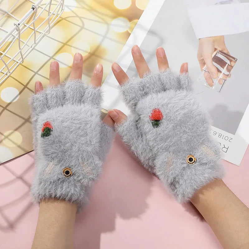 Women Plush Warm Glove Fur Lovely Rabbit Cat Mittens Flip Fingerless Gloves Soft Girls Thick Gloves Flexible Half Finger Winter