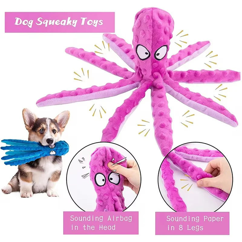 Dog Squeaky Toys Octopus - No Stuffing Crinkle Plush Dog Toys for Puppy Teething, Durable Interactive Dog Chew Toys for Small, M