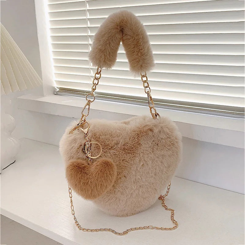 Faux Fur Heart-shaped Women Small Handbags Fluffy Plush Ladies Chain Shoulder Bag Fashion Female Furry Daily Clutch Purse