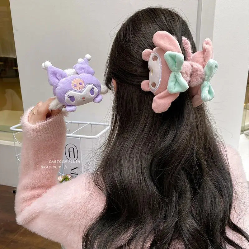 Sanrio My Melody Hairpin Clip Kuromi Cinnamoroll Pompompurin Winter Shark Grab Clip Plush Dolls Headwear Girl Birthday Gifts