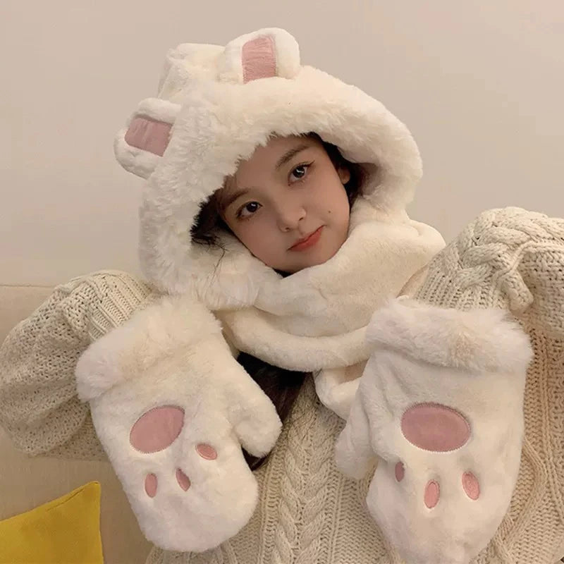 Winter Women Novelty Beanies Caps Warm Bear Ear Hat Casual Plush Hat Scarf Set Casual Solid Color Women Caps Present