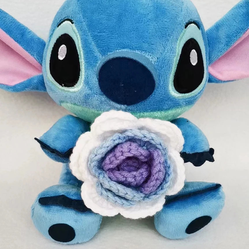 Disney Stitch Stuffed Plush Dolls Hand Woven Sunflower Rose Cartoon Stuffed Anime Blue Pink Plush Toys Christmas Birthday Gift