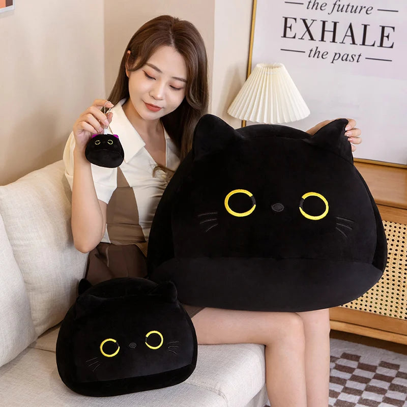 7/11/20CM Kawaii Small Cuddly Black Cat Plush Doll Cartoon Stuffed Round Ball Cat Plushie Girl's Bag Keychain Pendant Toys