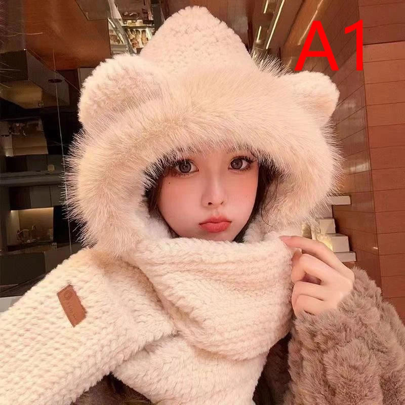 Winter Women Novelty Beanies Caps Warm Bear Ear Hat Casual Plush Hat Scarf Set Casual Solid Color Women Caps Present