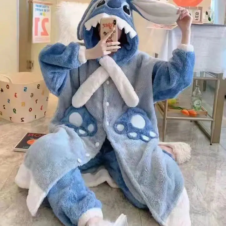 New Disney Cartoon Stitch Nightgown Suit Couple Design Luxury Plush Robes Hooded Pants Women Men Coral Fleece Pajamas Birthday