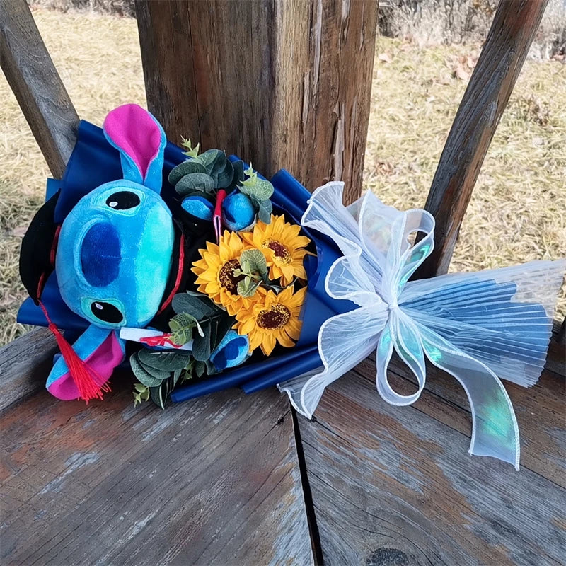 Hot Lilo & Stitch Graduation Plush Bouquet Toys with Sunflower Anime Stuffed Animals Student Graduation Souvenir Birthday Gift