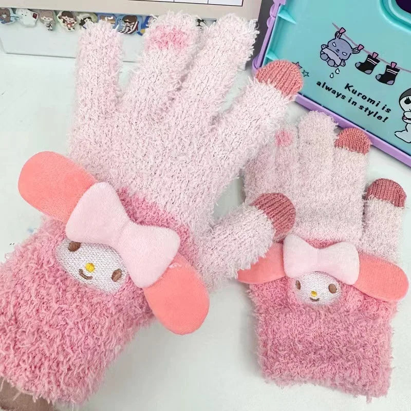 Sanrio Gloves Plush Kuromi Cold-Proof Gloves My Melody Cinnamoroll Five-Finger Gloves Touch Screen Pochacco Child Christmas Gift