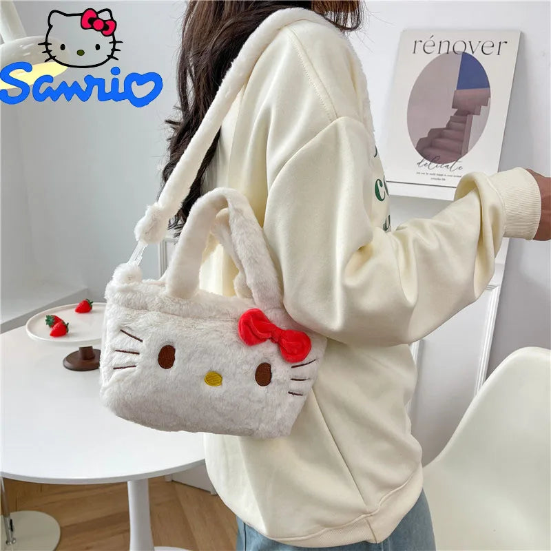 Kawaii Sanrio Hello Kitty Plushie Bag Cinnamoroll Kuromi Shoulder Bag Cute Melody Stuffed Storage Handbag Birthday Gift for Girl