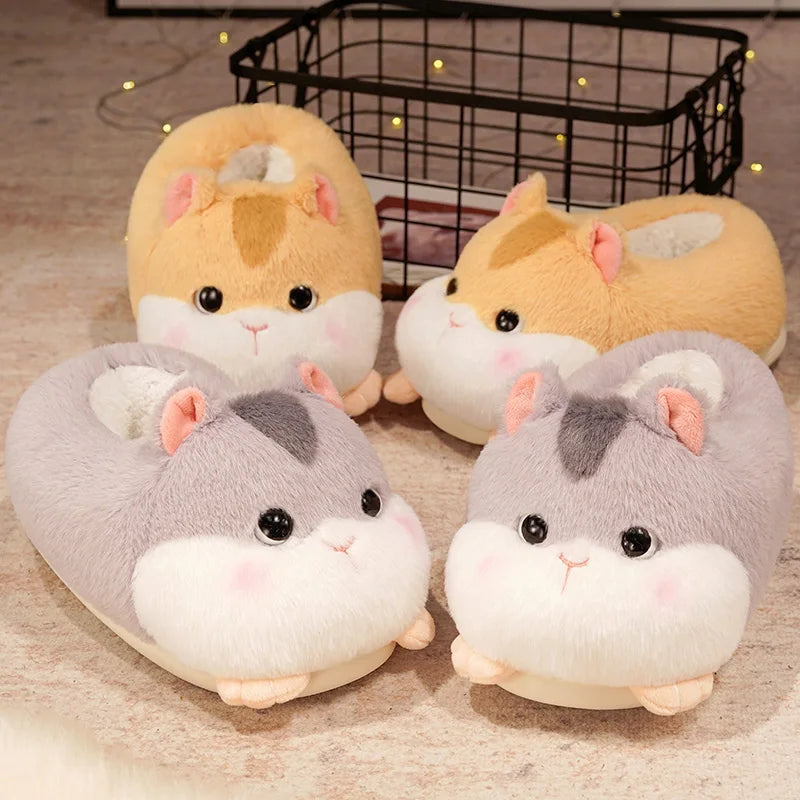 Cartoon Cute Warm Winter Slippers Kawaii Hamster Plush Shoes Soft Sole Flat Home Cotton Shoes Girl Women Adults Floor Shoes