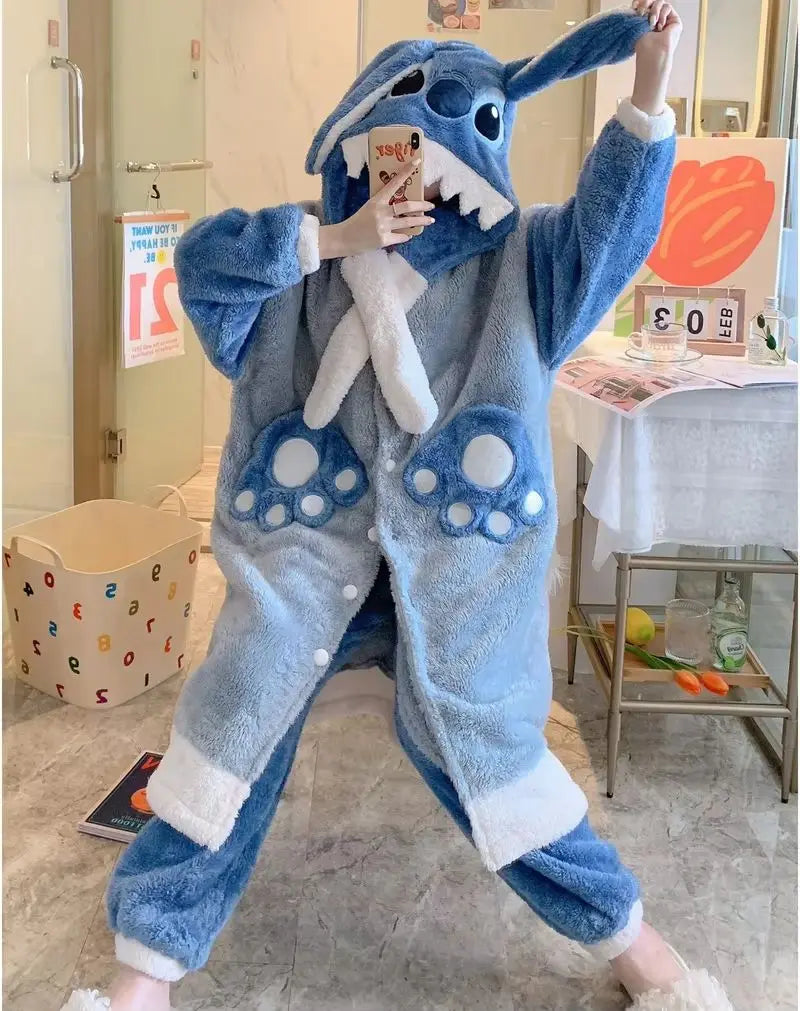 New Disney Cartoon Stitch Nightgown Suit Couple Design Luxury Plush Robes Hooded Pants Women Men Coral Fleece Pajamas Birthday