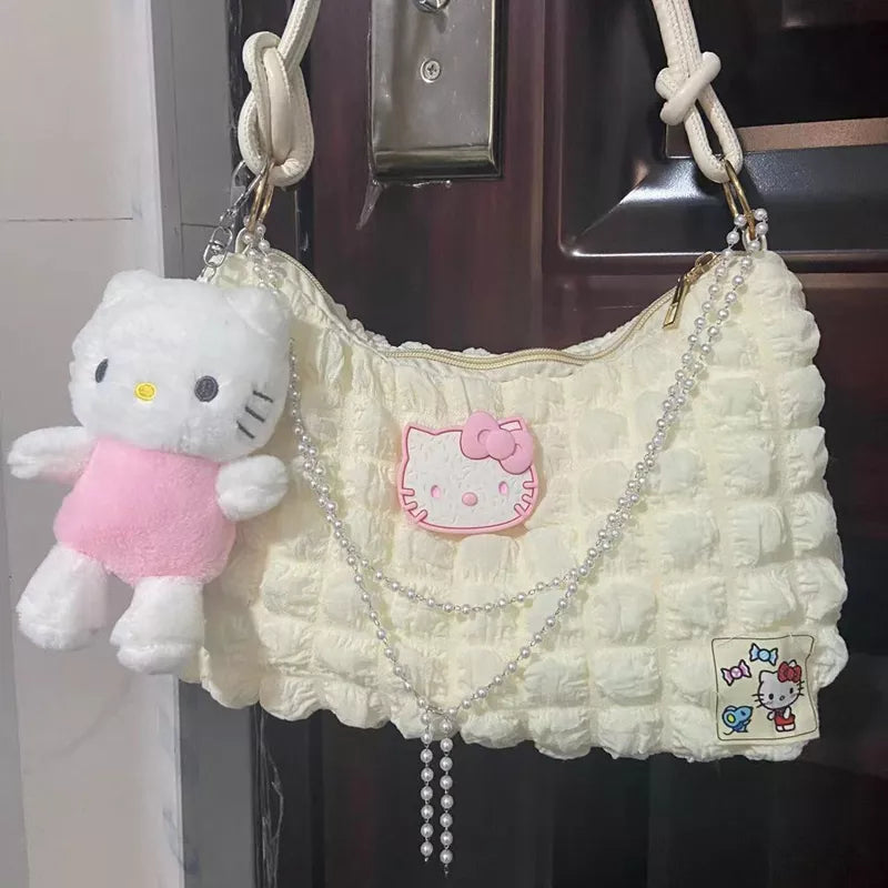 Sanrio Hello Kitty Contrast Color Shoulder Bag Pearl Chain Underarm Fashion Handbag - Plushy Mart