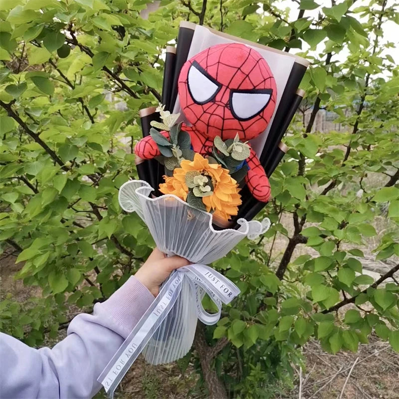 Animation Super Hero Spider Plush Doll With Rose Flower Bouquets Soft Stuffed Kids Graduation Christmas Day Birthday Gifts