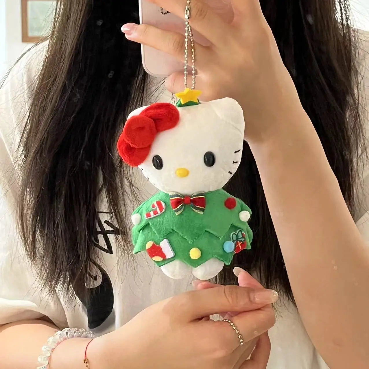 Sanrio Christmas HelloKitty Plush Doll Keychain Christmas Tree Cute Cartoon Kitty Cat Doll Pendant Keychain Bag Accessories Gift