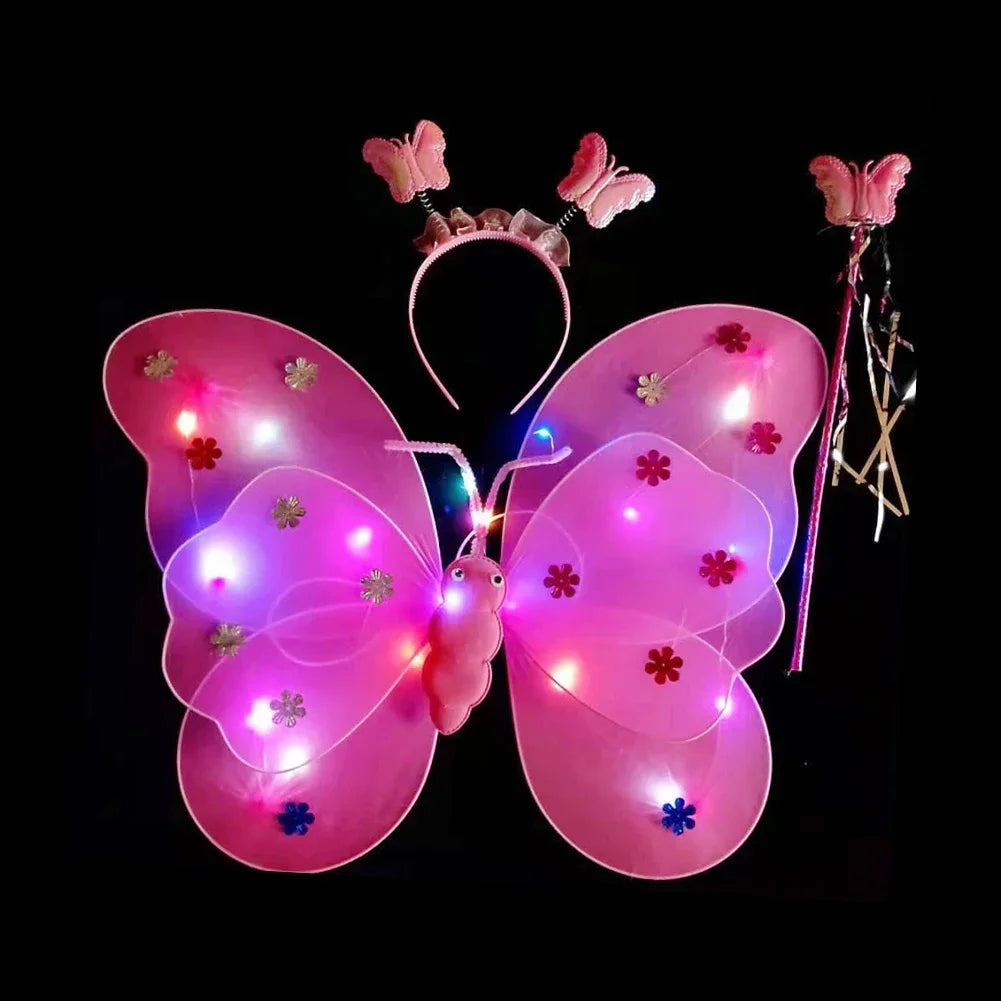 3/4Pcs/Set Double Layers Girls Led Flashing Light Fairy Butterfly Wing Wand Headband Costume Toy Gift Halloween Decoration