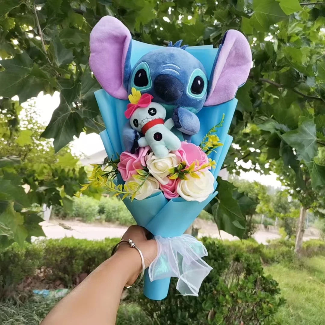 Hot Lilo & Stitch Plush Bouquet With Soap Rose Sunflower Flower Bouquet Cartoon Stuffed Valentine's Day Christmas Birthday Gift