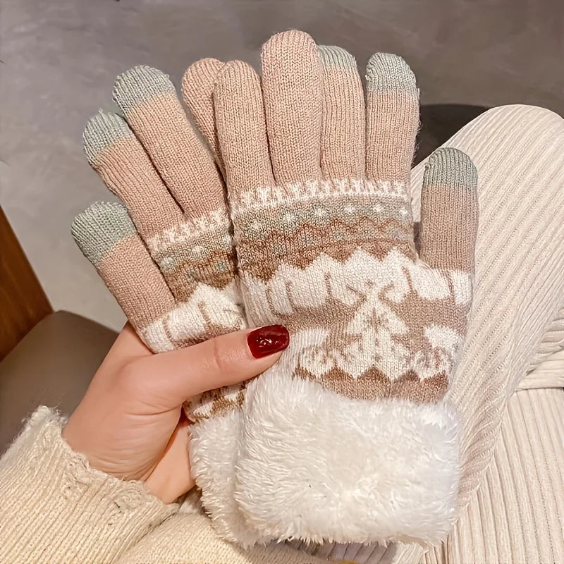 Christmas Reindeer Jacquard Knit Gloves Plush Cuff Thick Warm Gloves Autumn Winter Soft Coldproof Touchscreen Gloves