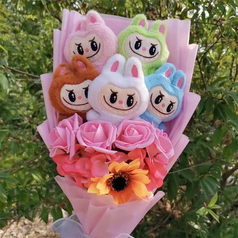 New Labubu The Monsters Box Plush Bouquet  Doll Toy With Sunflower Artificial Flower Bouquet Cartoon Valentine's Day Gifts