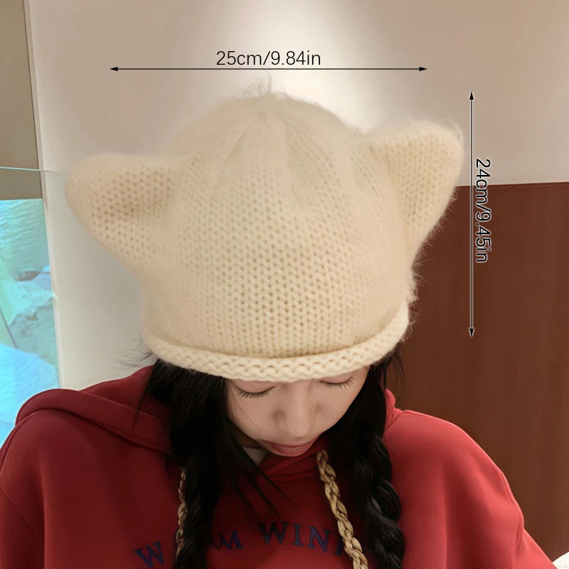 Korean Cute Solid Color Fluffy Cat Ear Knitted Hat Y2K Harajuku Plush Warm Cap Autumn Winter Knitting Hat For Christmas Gifts