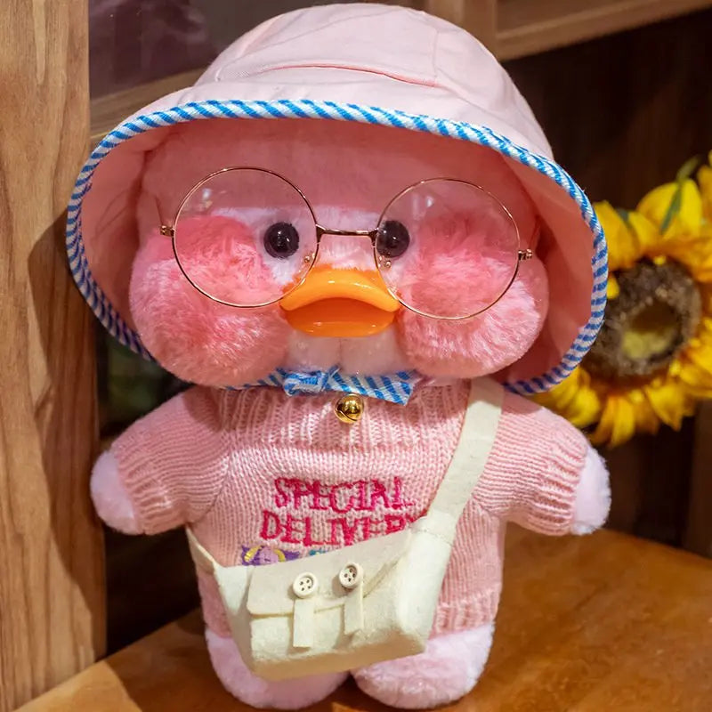 30cm Cute Cafe Pink Duck Stuffed Plush Animals Toy Wear Glasses And Clothes Soft Doll Girl Birthday Creative Gift For Girls