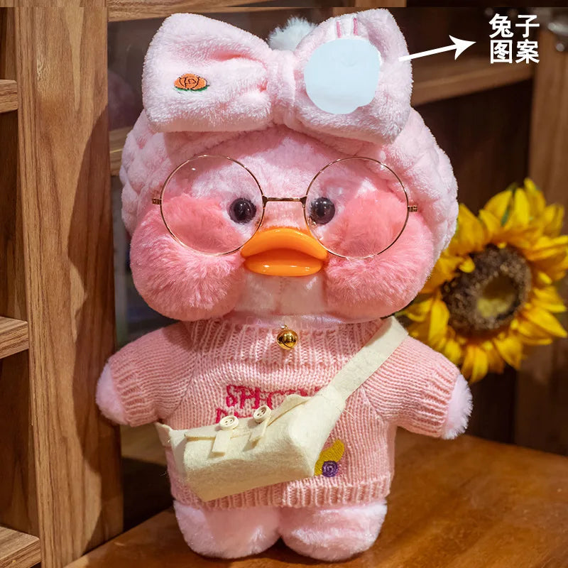 30cm Cute Cafe Pink Duck Stuffed Plush Animals Toy Wear Glasses And Clothes Soft Doll Girl Birthday Creative Gift For Girls