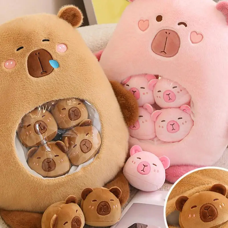 Stuffed Capybara Plush Toy Capybara Cushion Doll With 6 Small Dolls Animal Nap Cushion Doll Home Decor For BoysBedroom