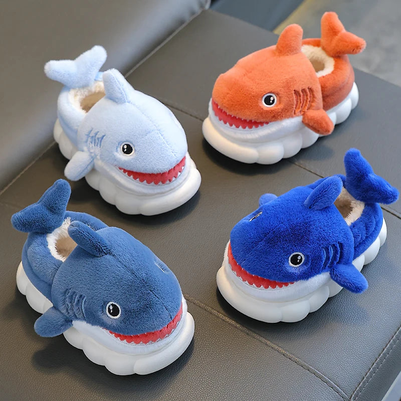 New Winter Wrap Heels Cute Cartoon Shark Cotton Slippers Children's Non-slip Soft For Kids Girls Boys Baby Warm Plush Home Shoes