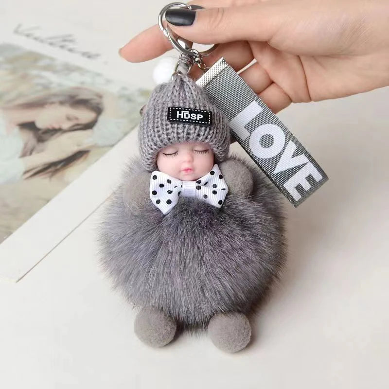 Cute Sleeping Baby Keychain Charm Cute Fluffy Plush Doll Car Keychain Fashion Women's Bag Charm Backpack Decoration Gift