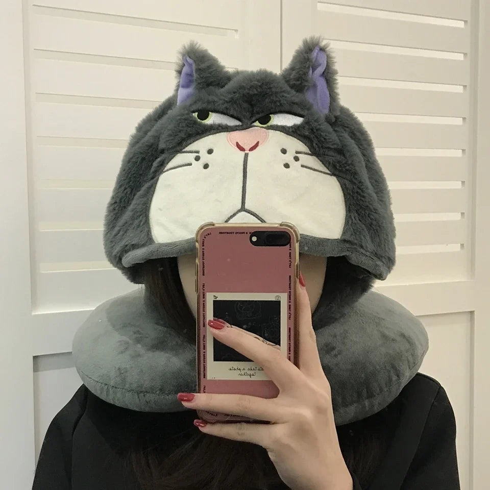 Disney Lucifer Cat U-shaped Neck Pillow With Hat Anime Grey Cat Travel Pillow Hooded Lucifer Cat Blackout Office Car Xmas Gifts