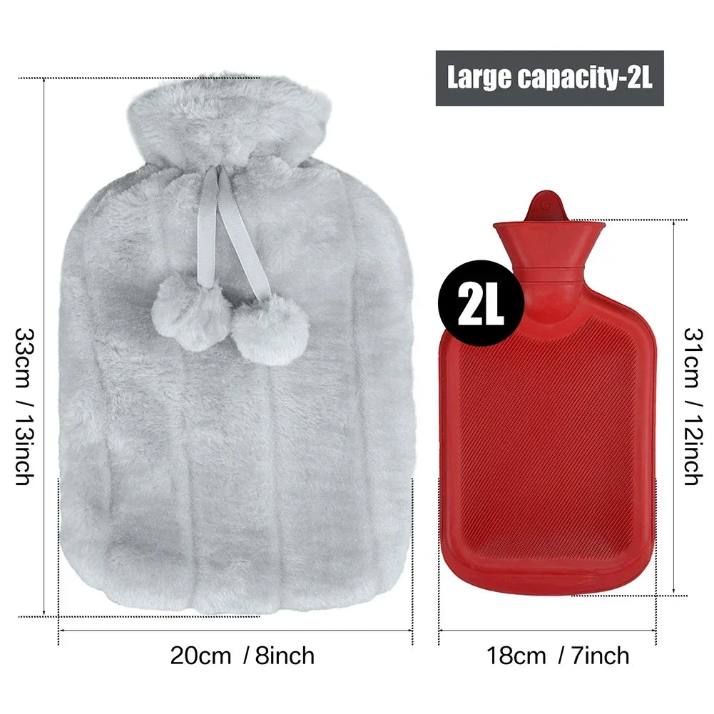 2000ml  Large Hot Water Bag with Thickened Plush Cover Hand Warmer Heat Pack Belly Instant Heat Winter Reusable Heating Bottle