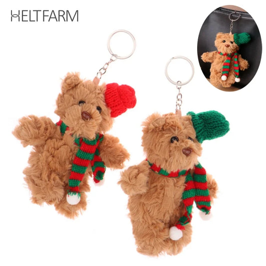 Christmas Bear Plush Toy Cartoon Bear Stuffed Keychain Plush Animal Keyring Cute Backpack Pendant Decoration Xmas Gifts